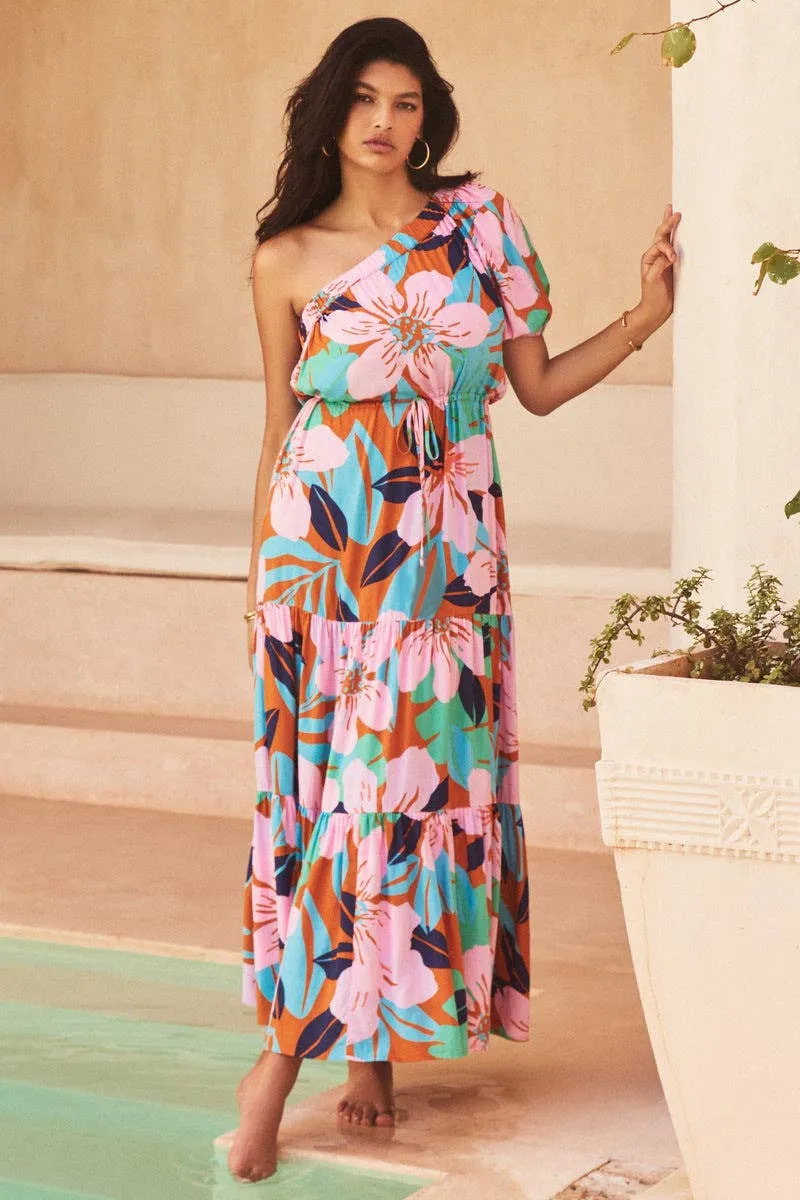 DIAGONAL SHOULDER HOLIDAY FLORAL DRESS_CWDMD1828 Relaxed Layer Cute Glow
