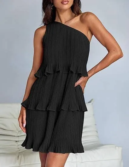DIAGONAL SHOULDER TIERED PATCHWORK DRESS_CWDSD3999 Comfy Style Perfect Wearable