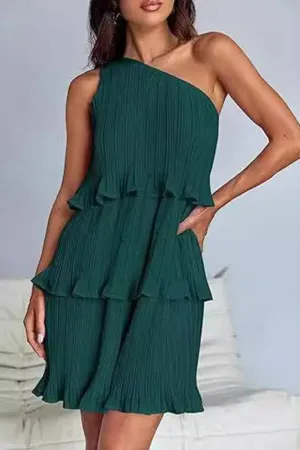DIAGONAL SHOULDER TIERED PATCHWORK DRESS_CWDSD3999 Essential Piece