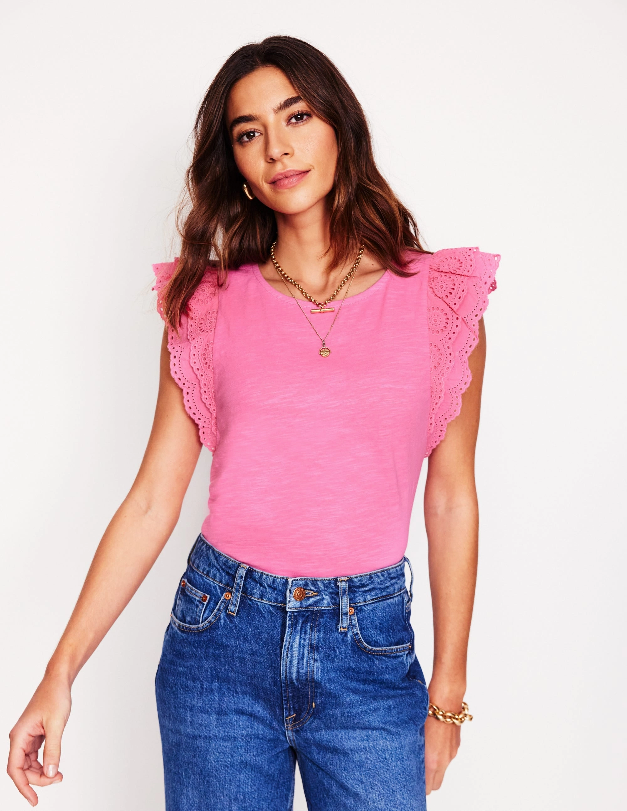 Belle Broderie Sleeve Top-Pink Rose HighNeckline Buttonless Closure