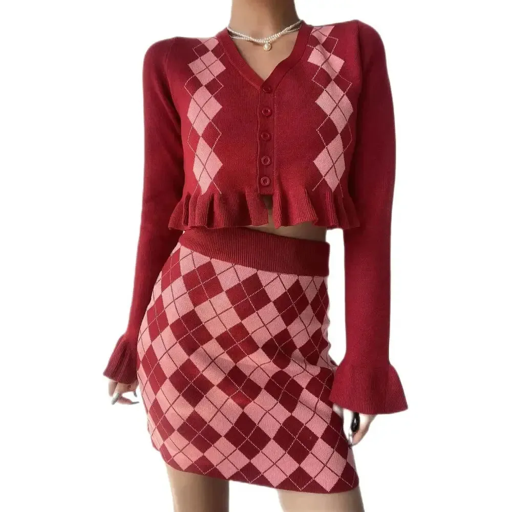 Diamon Plaid V-Neck Retro Sweater and Skirt
