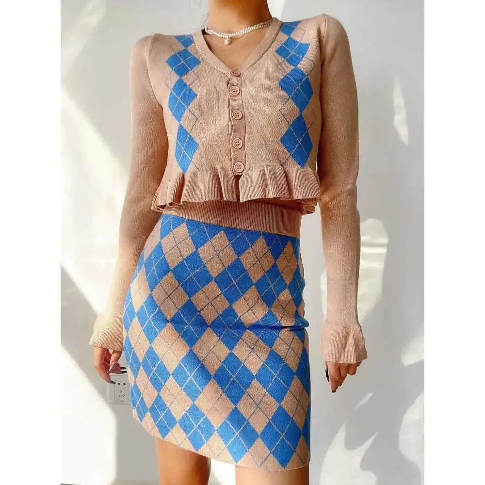 Diamon Plaid V-Neck Retro Sweater and Skirt