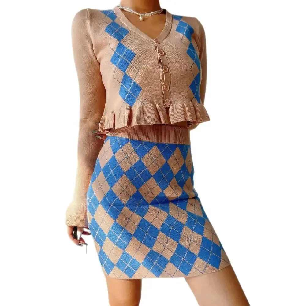 Diamon Plaid V-Neck Retro Sweater and Skirt