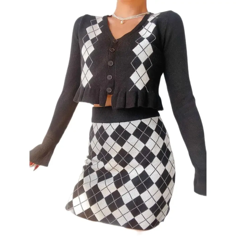 Diamon Plaid V-Neck Retro Sweater and Skirt