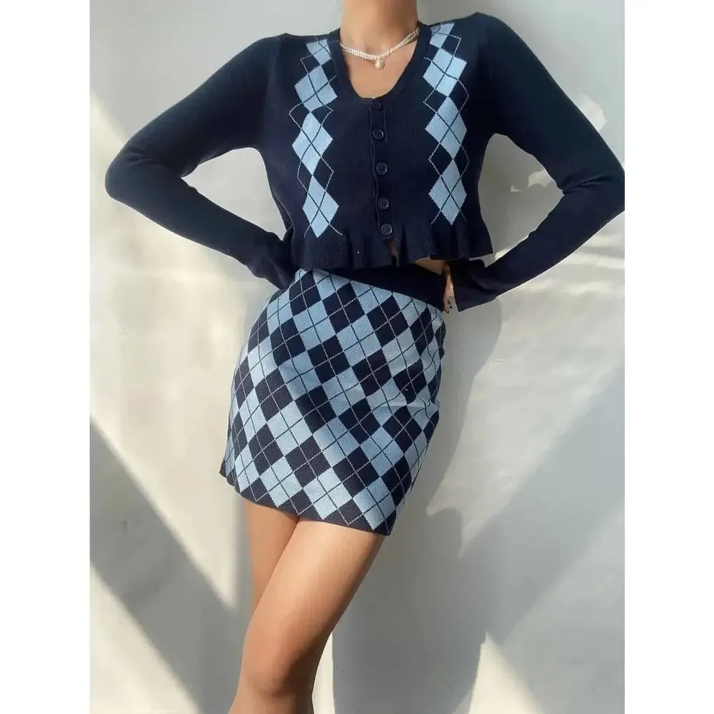 Diamon Plaid V-Neck Retro Sweater and Skirt