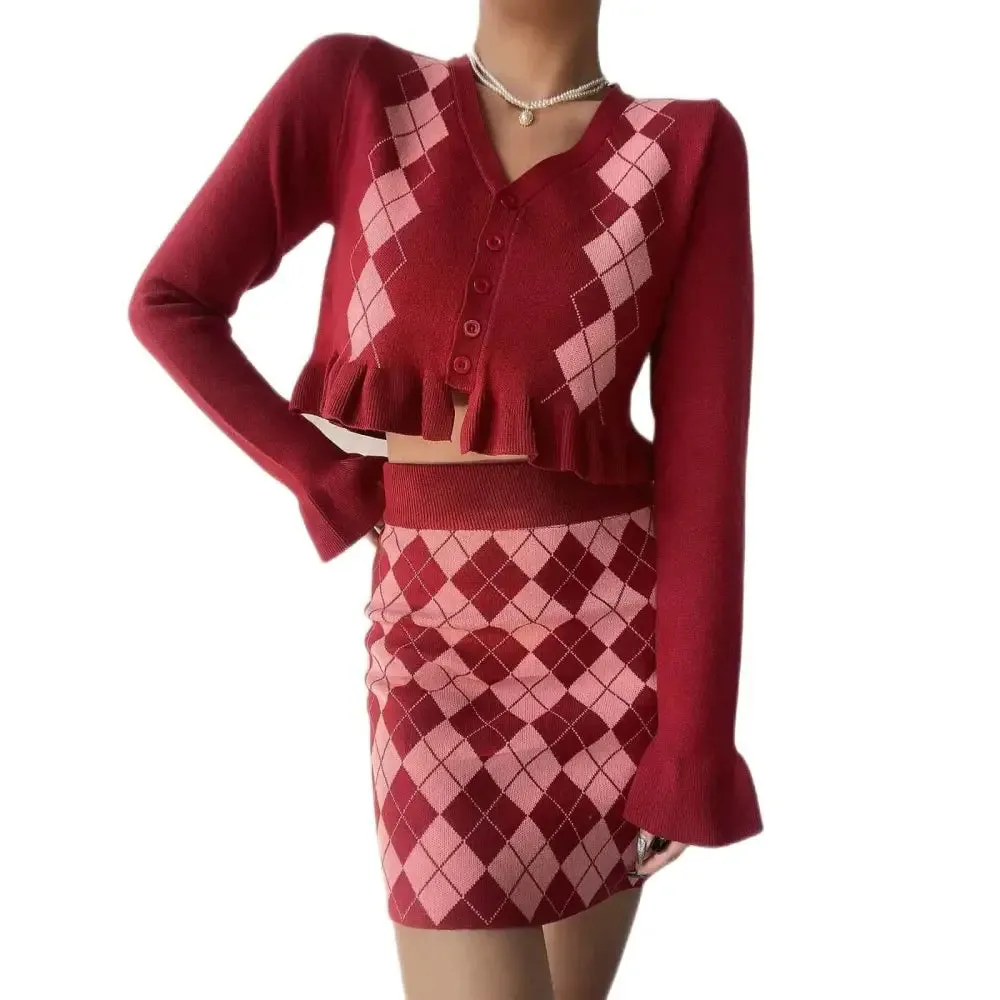 Diamon Plaid V-Neck Retro Sweater and Skirt