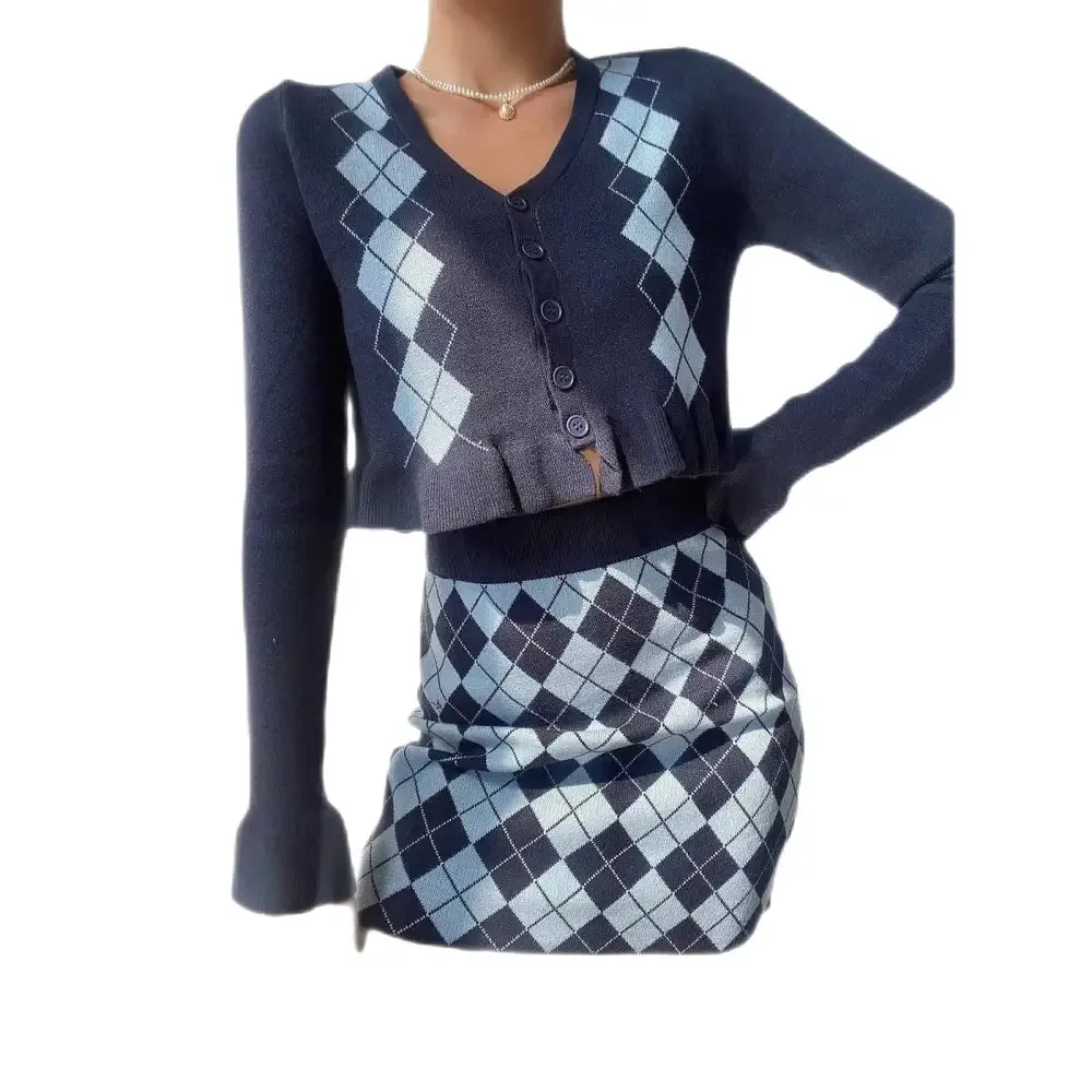 Diamon Plaid V-Neck Retro Sweater and Skirt