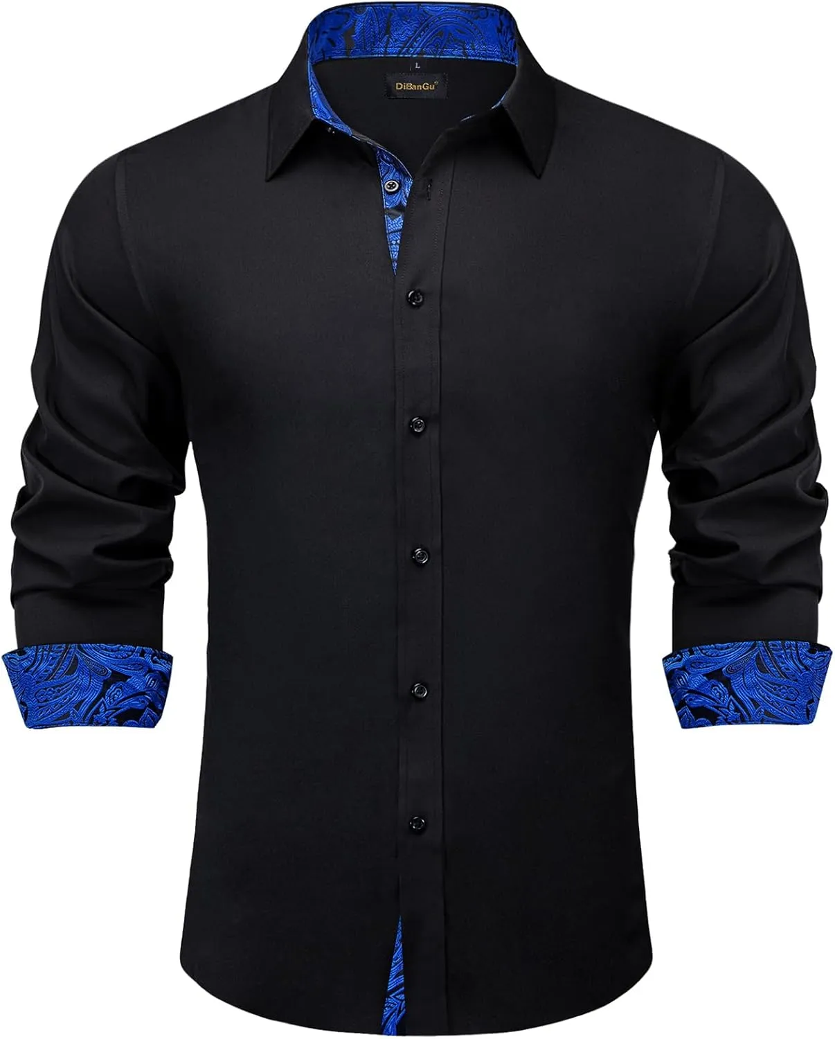 DiBanGu Black Mens Dress Shirts Long Sleeve Button Down Shirts Regular Fit Inner Contrast Business Formal Cotton Shirt S-3XL