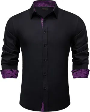 DiBanGu Black Mens Dress Shirts Long Sleeve Button Down Shirts Regular Fit Inner Contrast Business Formal Cotton Shirt S-3XL