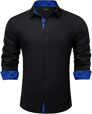 DiBanGu Black Mens Dress Shirts Long Sleeve Button Down Shirts Regular Fit Inner Contrast Business Formal Cotton Shirt S-3XL