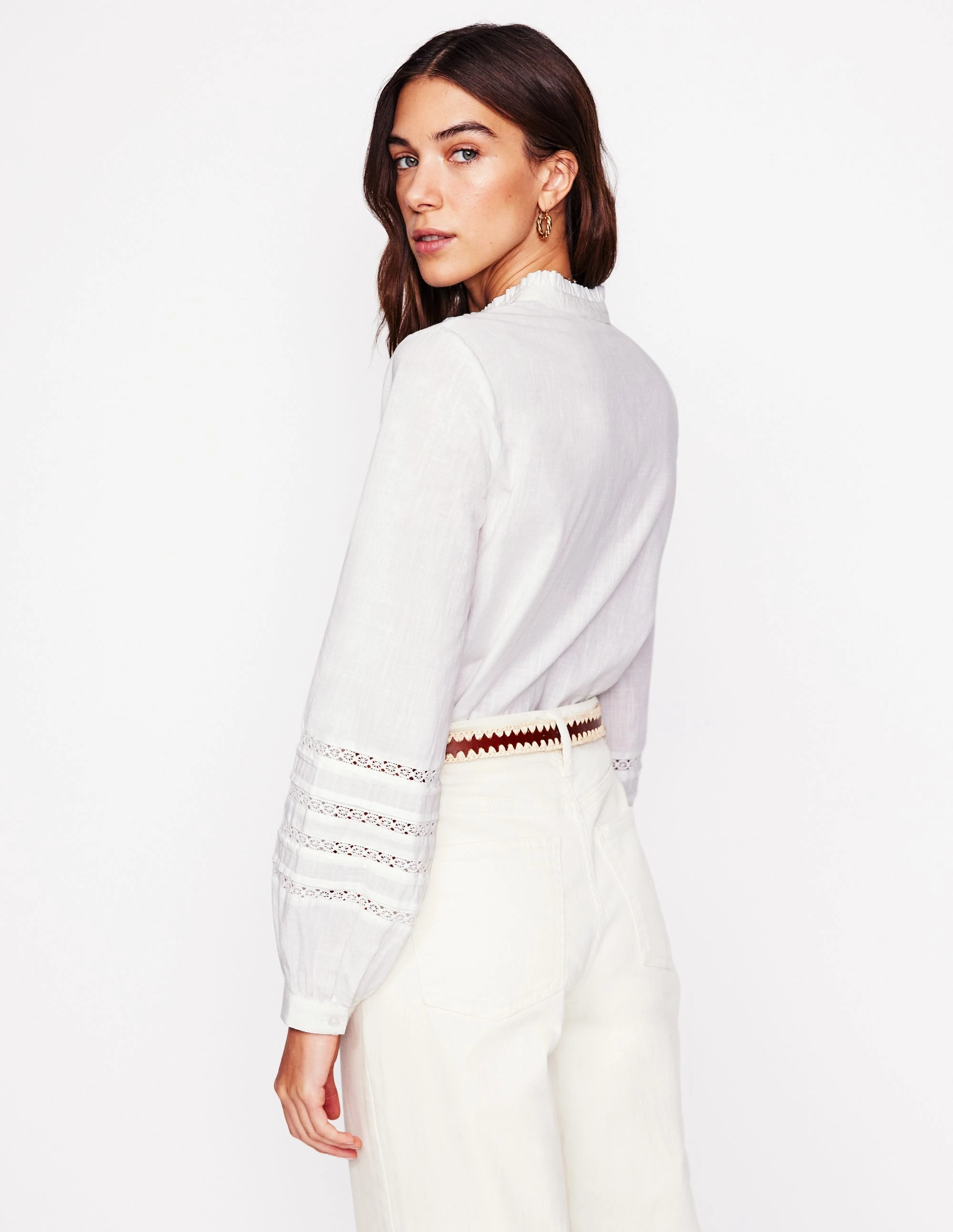 Sporty Hoodie Lace Trim Cotton Blouse-White