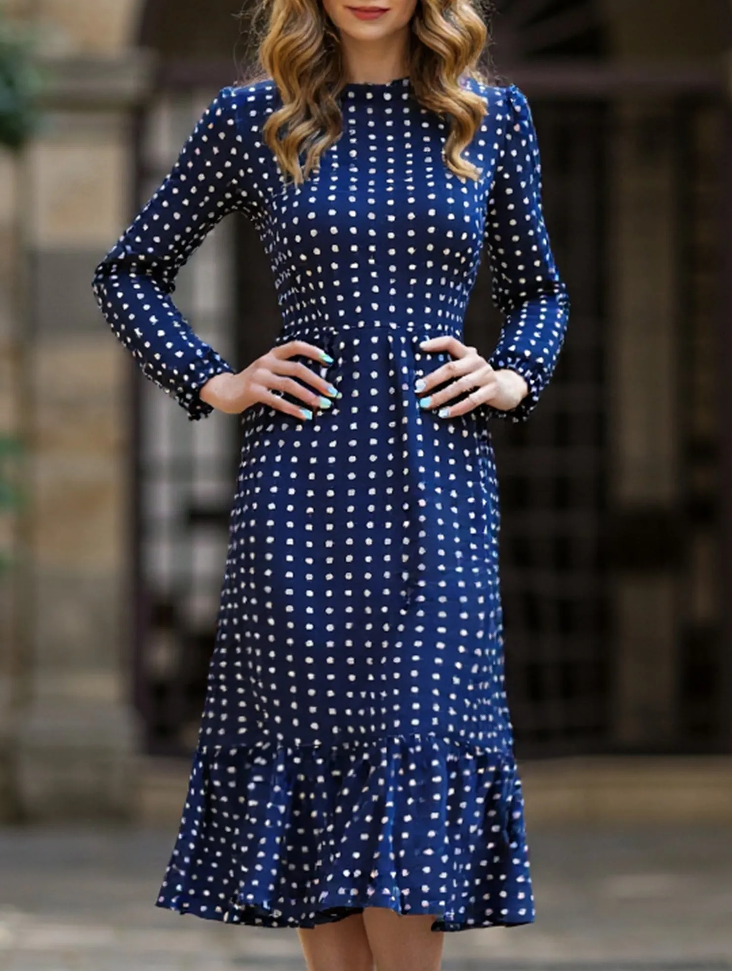 French vintage polka dot patchwork dress Coral Soft Soft Fit Wear