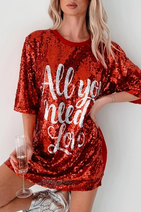 Sharp Detail Ruffle Hem My Valentine Moto Sequin Mini Dress (Red)