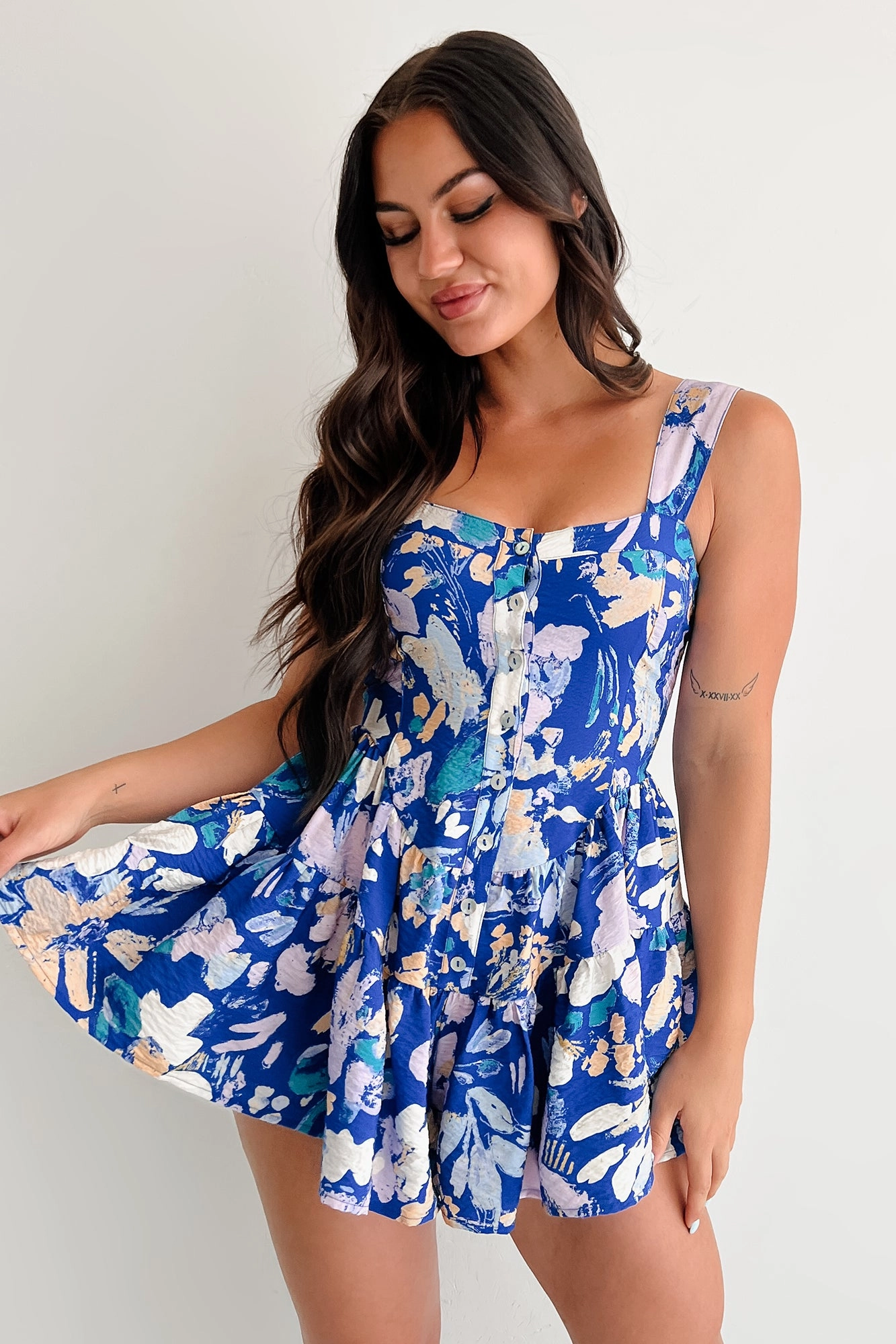 Pout About It Sleeveless Floral Romper (Retro Blue) Professional Comfort All Layer