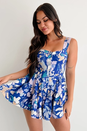 Pout About It Sleeveless Floral Romper (Retro Blue) Youthful Mood
