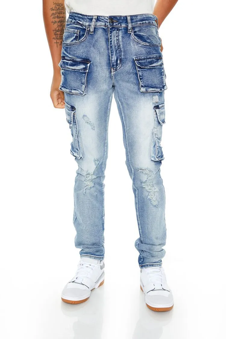 Distressed Slim-Fit Cargo Jeans