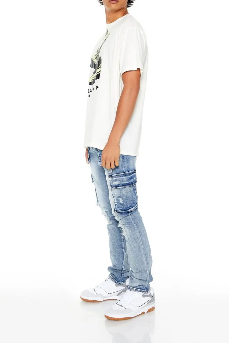 Distressed Slim-Fit Cargo Jeans