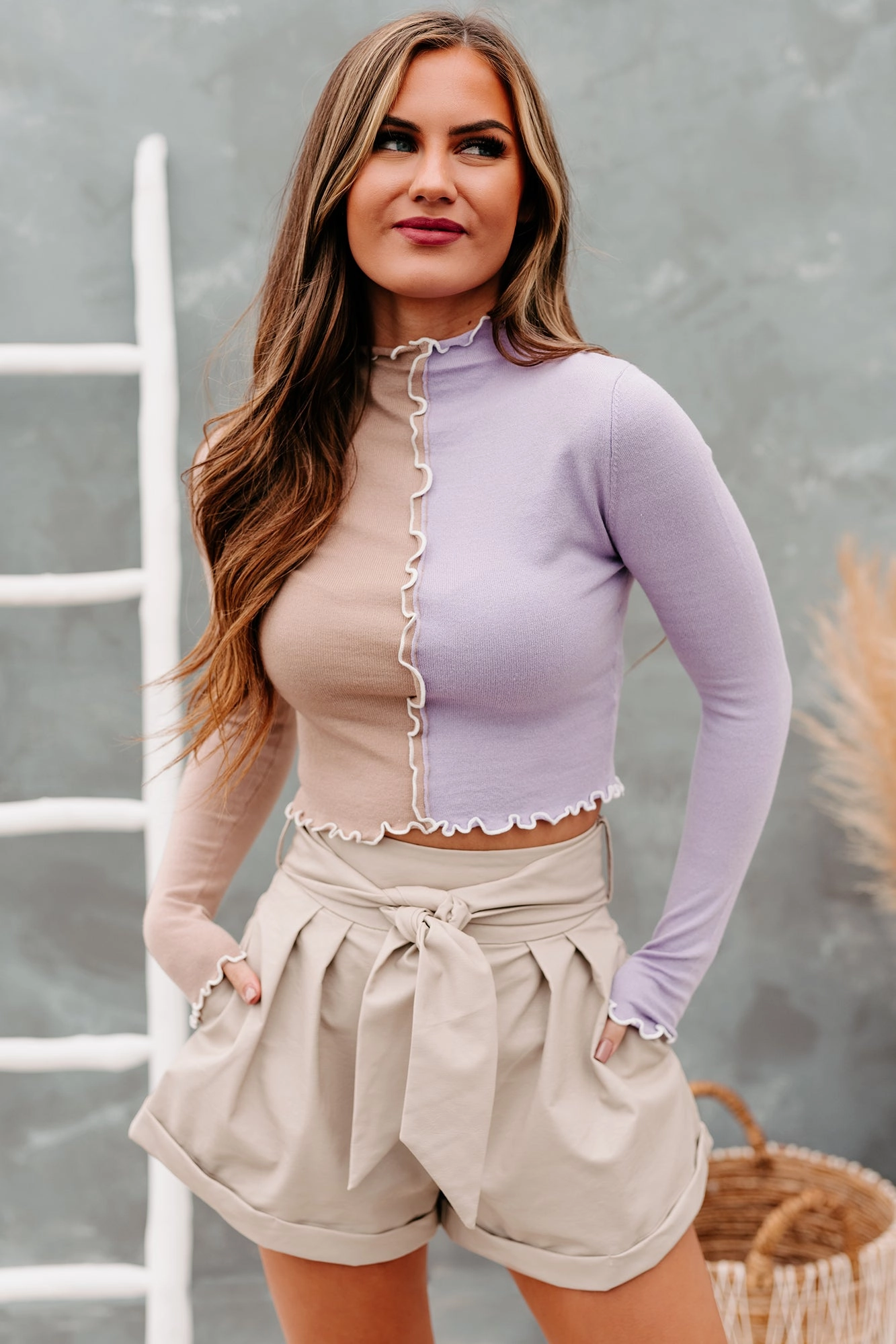 Don't Be Jelly Long Sleeve Color Block Crop Top (Tan/Grape) Stretch Knit Fabric