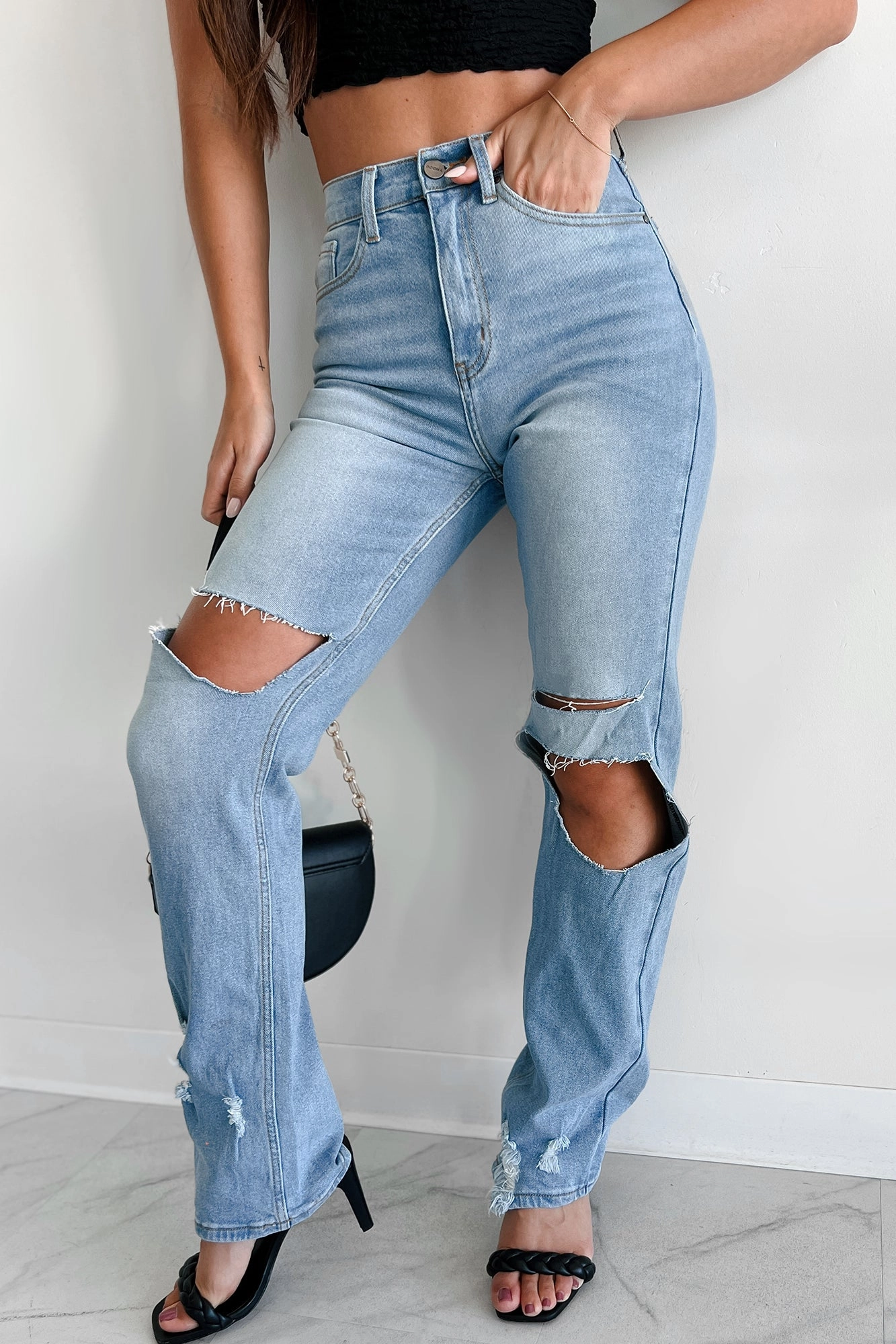Don't Delay High Rise Distressed Straight Leg Dogma Jeans (Medium Wash) Eco Friendly Material
