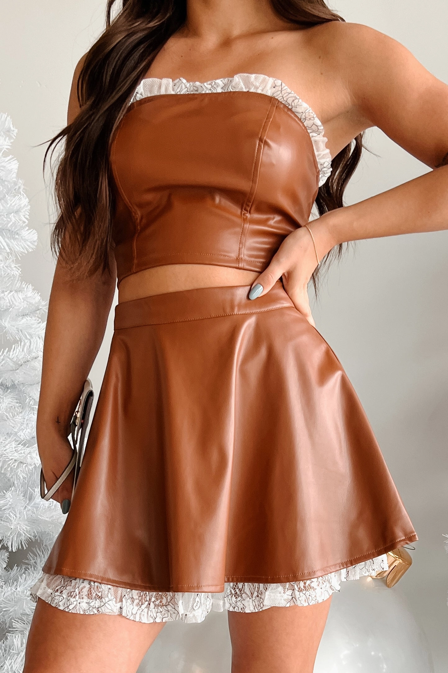 DOORBUSTER Always Flirty Ruffle Lace Faux Leather Skirt (Brown) NonIrritatingStitching Anti Bacterial Treatment