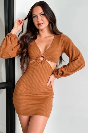 DOORBUSTER Craving Connection Ribbed Long Sleeve Cut-Out Dress (Camel) Breeze Flow