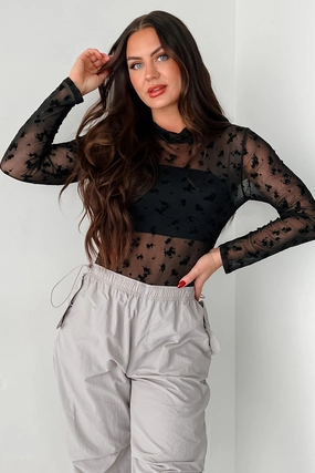 Evening Walk Non See DOORBUSTER Tell Me I'm Pretty Velvet Mesh Bodysuit (Black Floral)