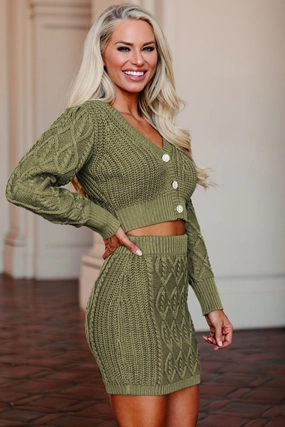 FrictionResistant Edges Finding Fulfillment Cable Knit Cardigan & Skirt Set (Olive)