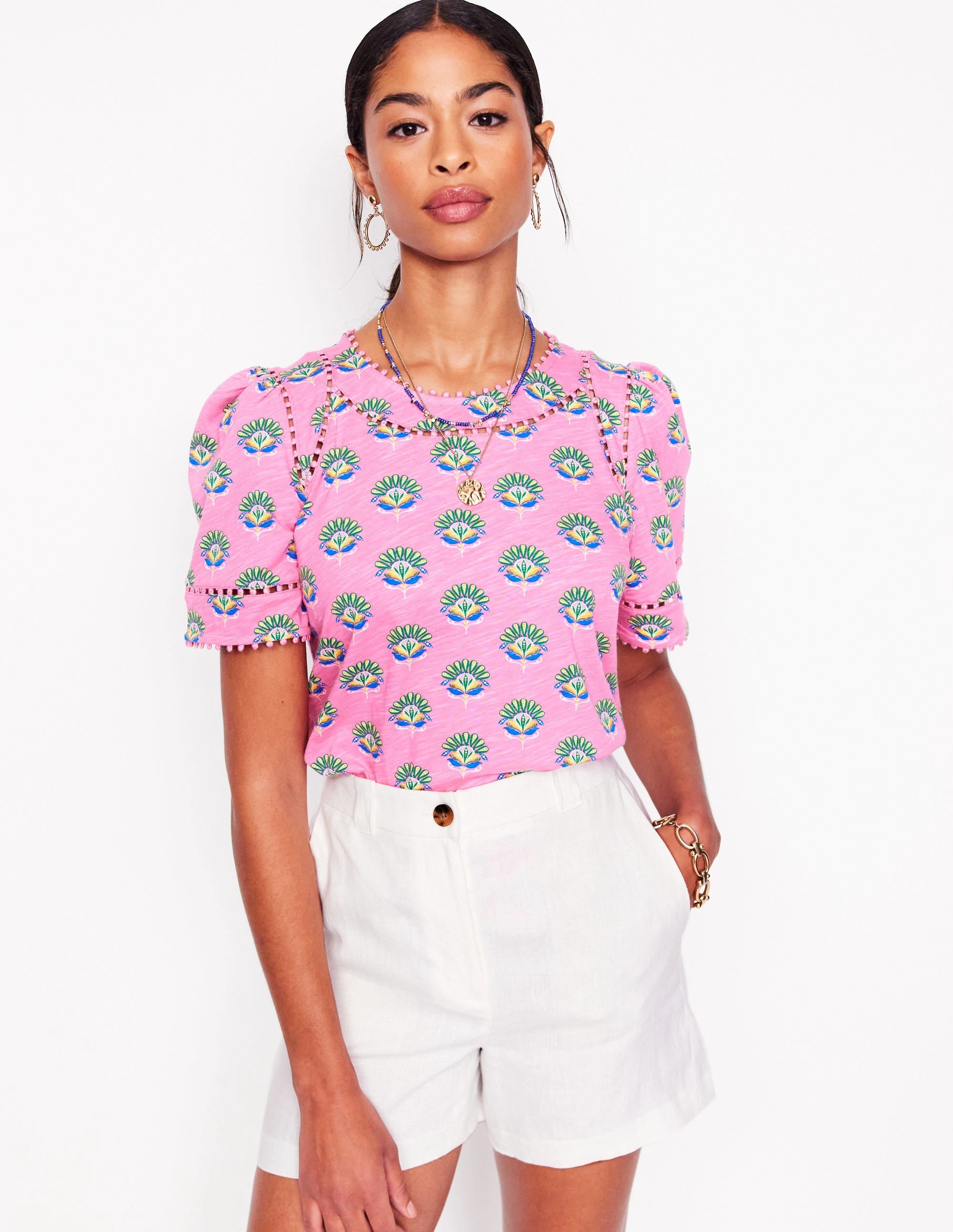 ButterySoftTextile Contrast Stitch Accent Mila Trim Detail Top-Pink, Ornamental Floral Sprig