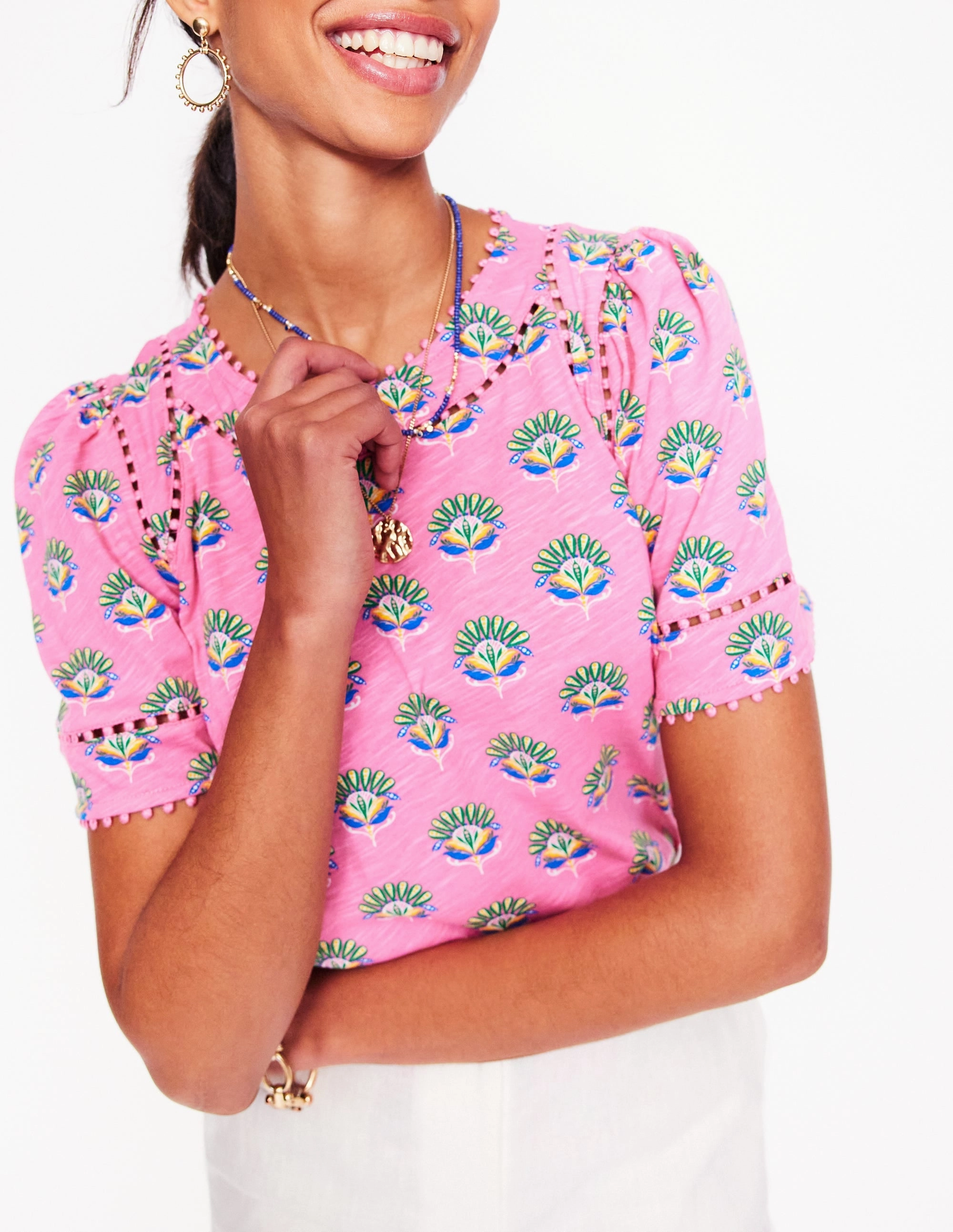 Mila Trim Detail Top-Pink, Ornamental Floral Sprig Relaxed Fit Shirt Breathable Lining