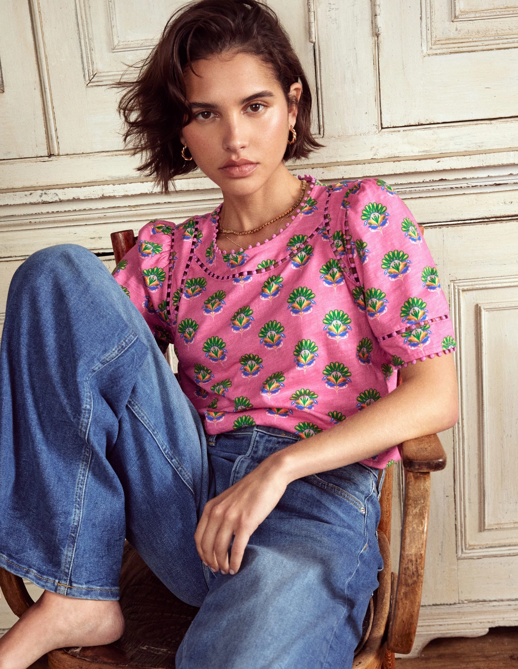 Convertible Style Mila Trim Detail Top-Pink, Ornamental Floral Sprig