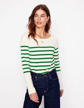 Hidden Pocket Ella Long Sleeve Breton-Ivory, Rich Emerald