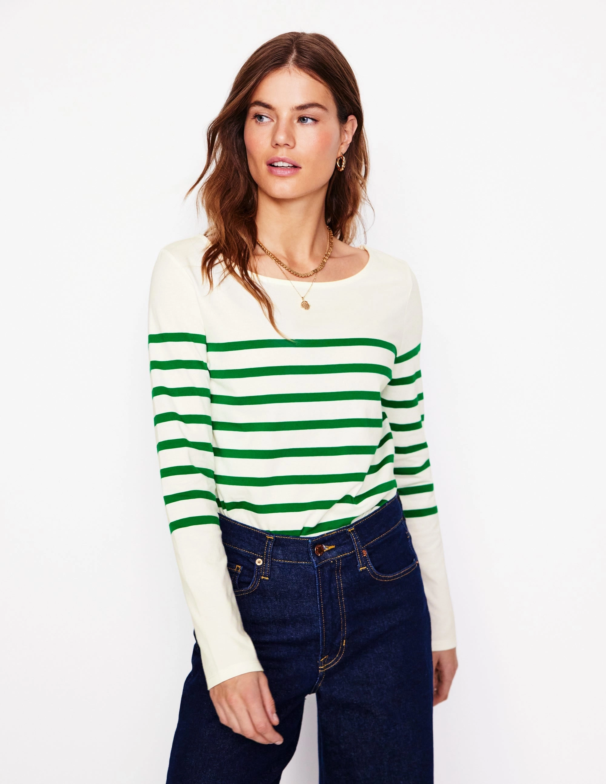 Hidden Pocket Ella Long Sleeve Breton-Ivory, Rich Emerald