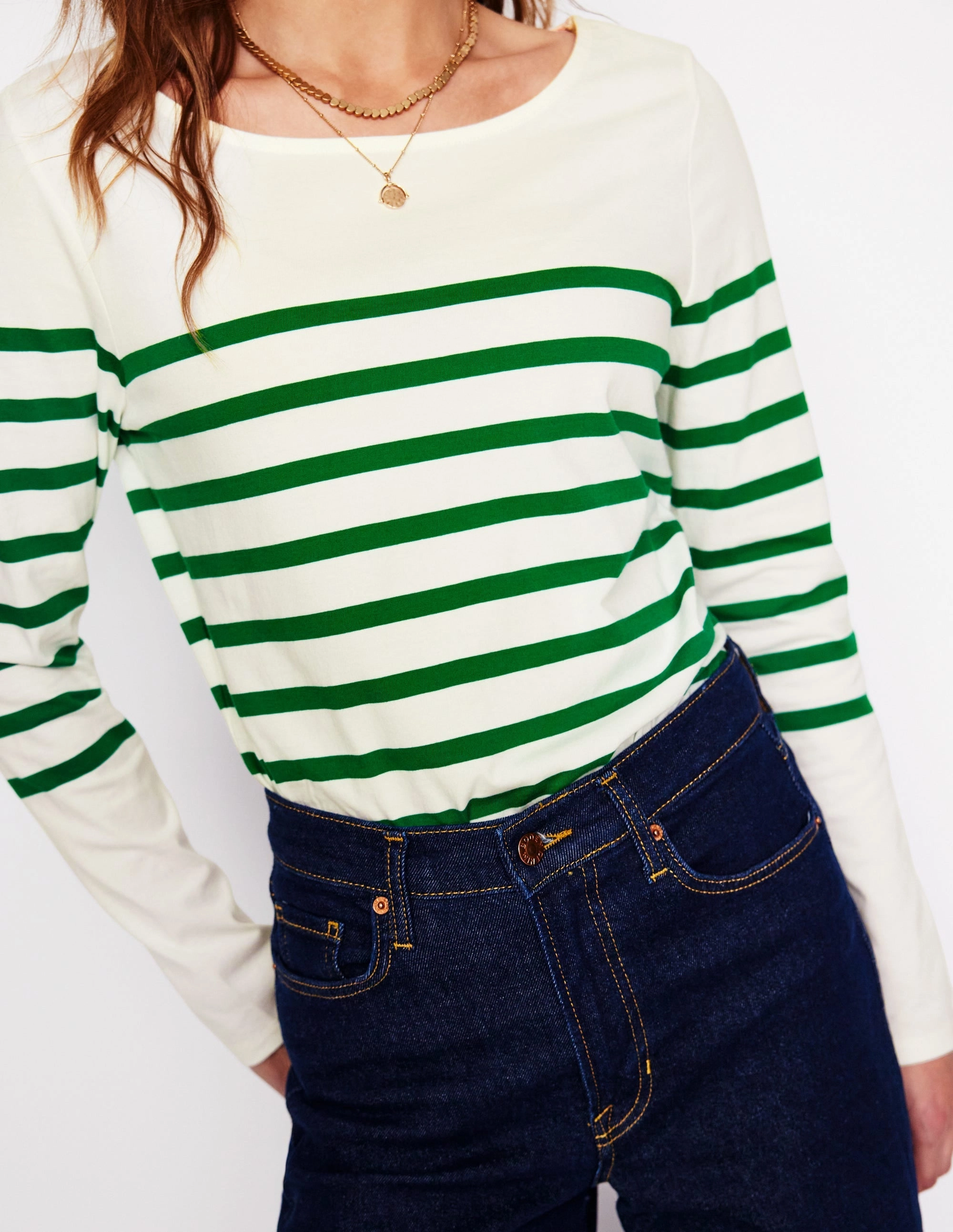 FadeResistant Trendy Shirt Ella Long Sleeve Breton-Ivory, Rich Emerald