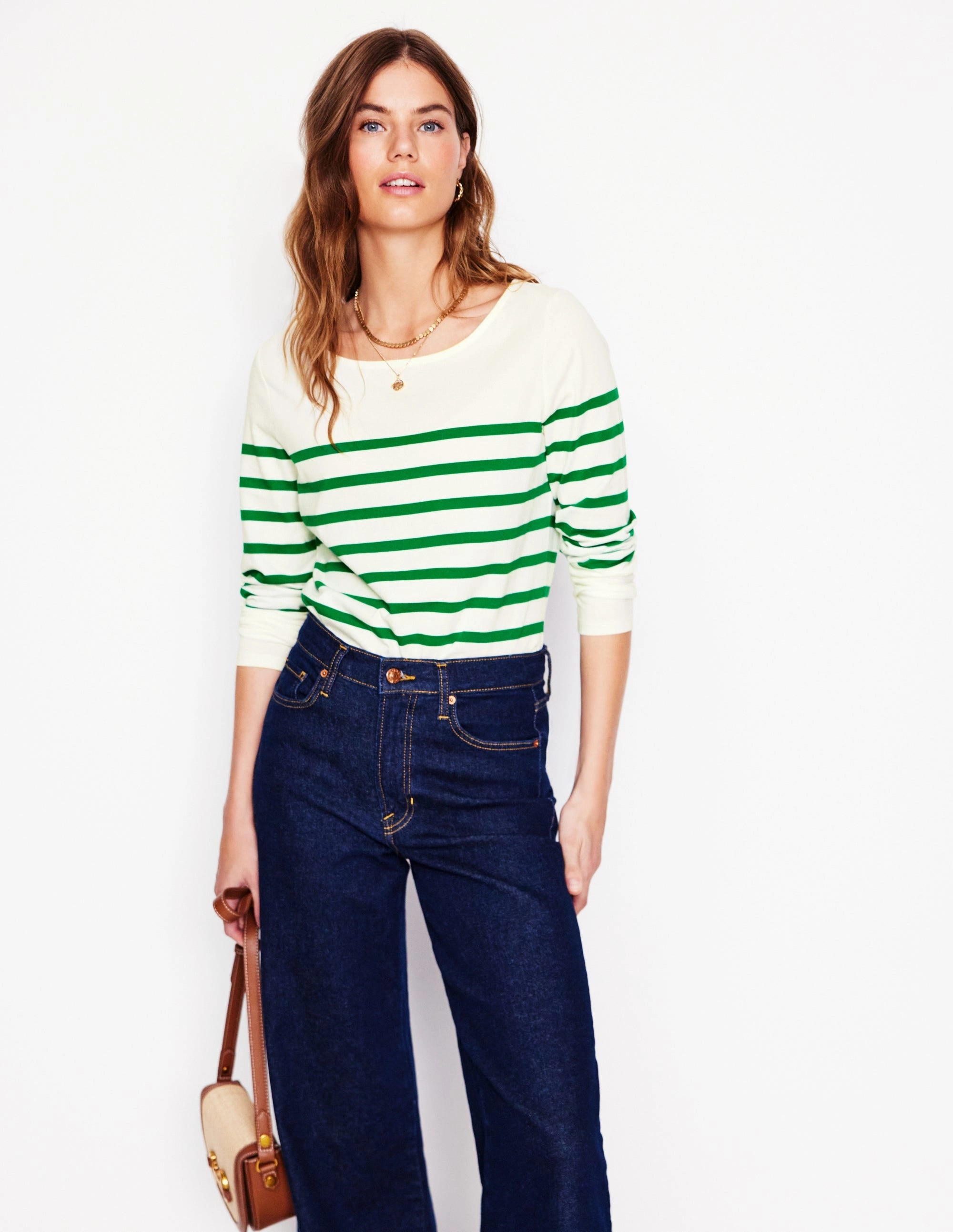 Unstructured Silhouette EcoFriendlyMaterial Ella Long Sleeve Breton-Ivory, Rich Emerald