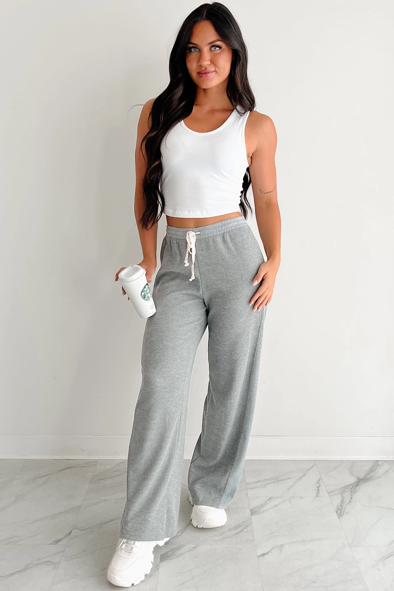QuickReleaseFastenings Pull-on style In The Daylight Contrast Tie Waffle Knit Pants (Heather Gray)