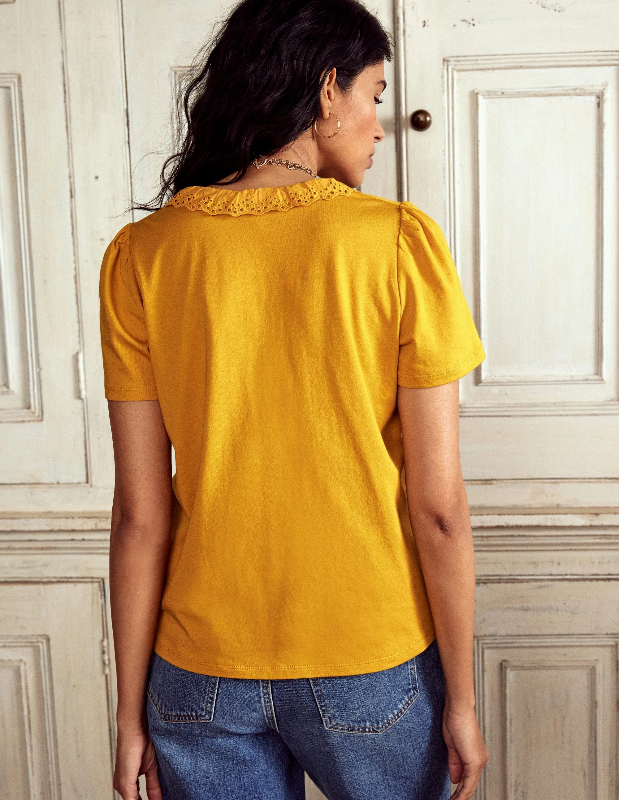 Broderie V-Neck Top-Golden Rye Flexible Shoulder Gusset