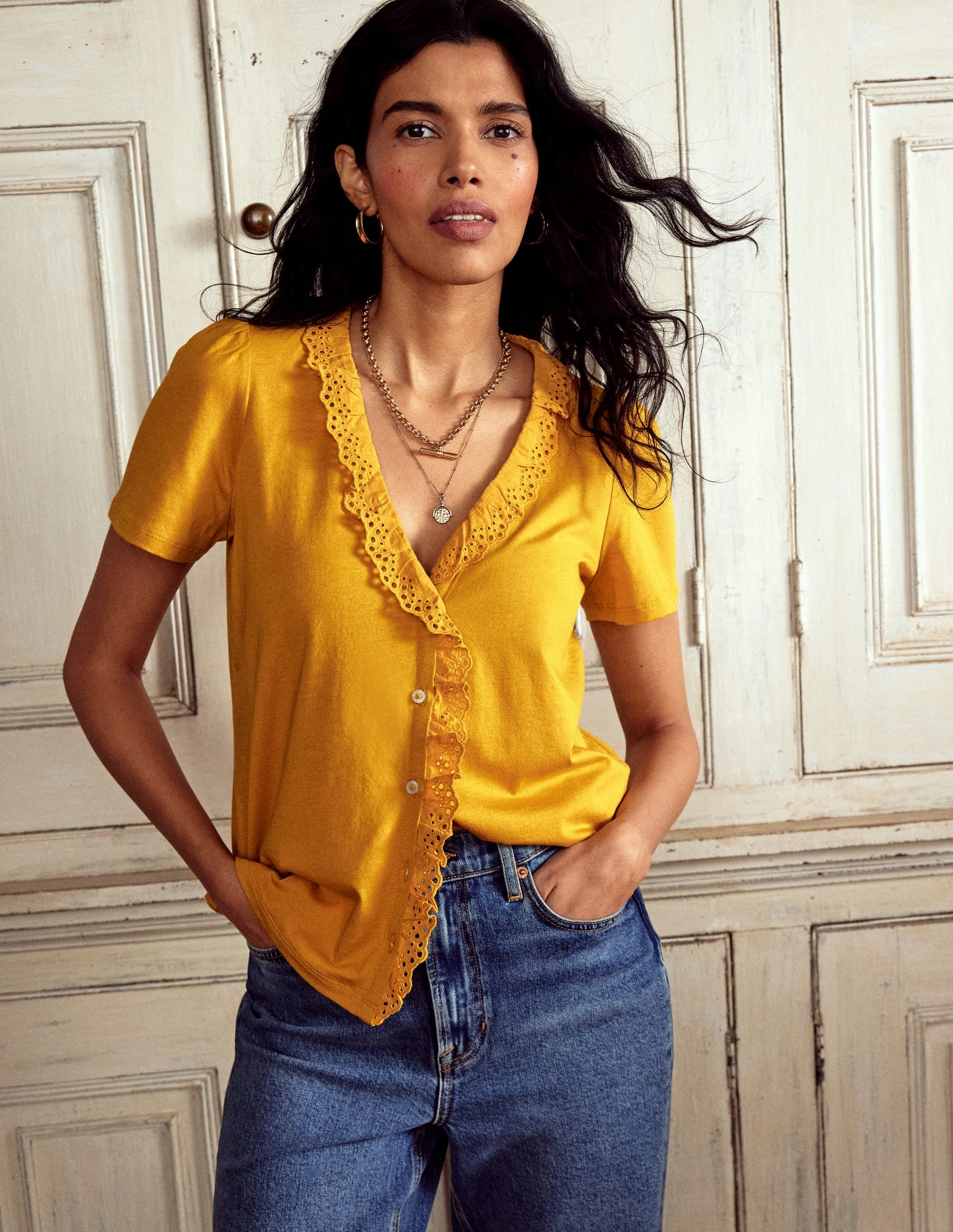 Broderie V-Neck Top-Golden Rye AllDay Comfort QuickDryConstruction