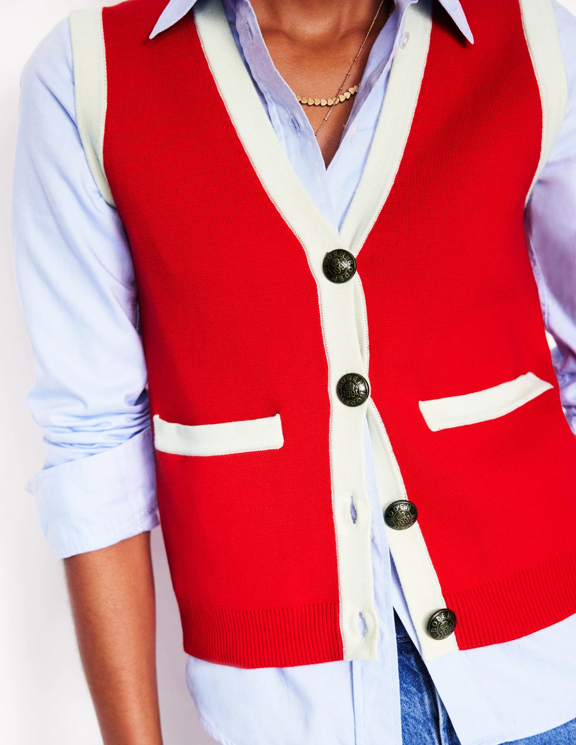 Holly Knitted Waistcoat-Poppy Red Flexible Side Gusset