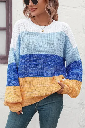 SlubTexture DurableStitching WOMEN RIBBED CREW NECK COLOR BLOCK SWEATER