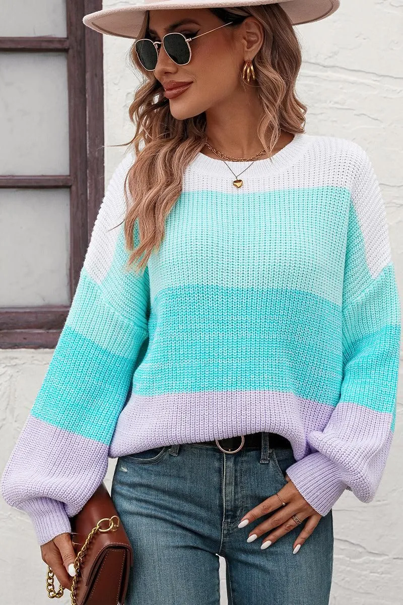 WOMEN RIBBED CREW NECK COLOR BLOCK SWEATER DropShoulderConstruction FlexibleCuffs