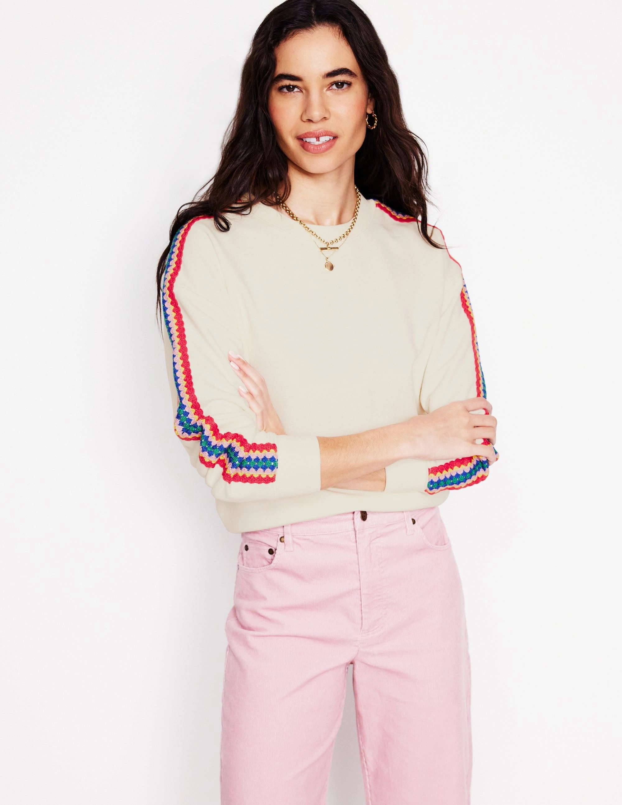 Midweight Four Way Stretch Emi Crochet Sweatshirt-Ivory
