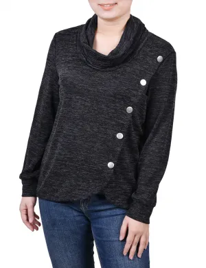 Long Sleeve Overlapping Cowl Neck Top RibbedNeckline Resilient Elasticity