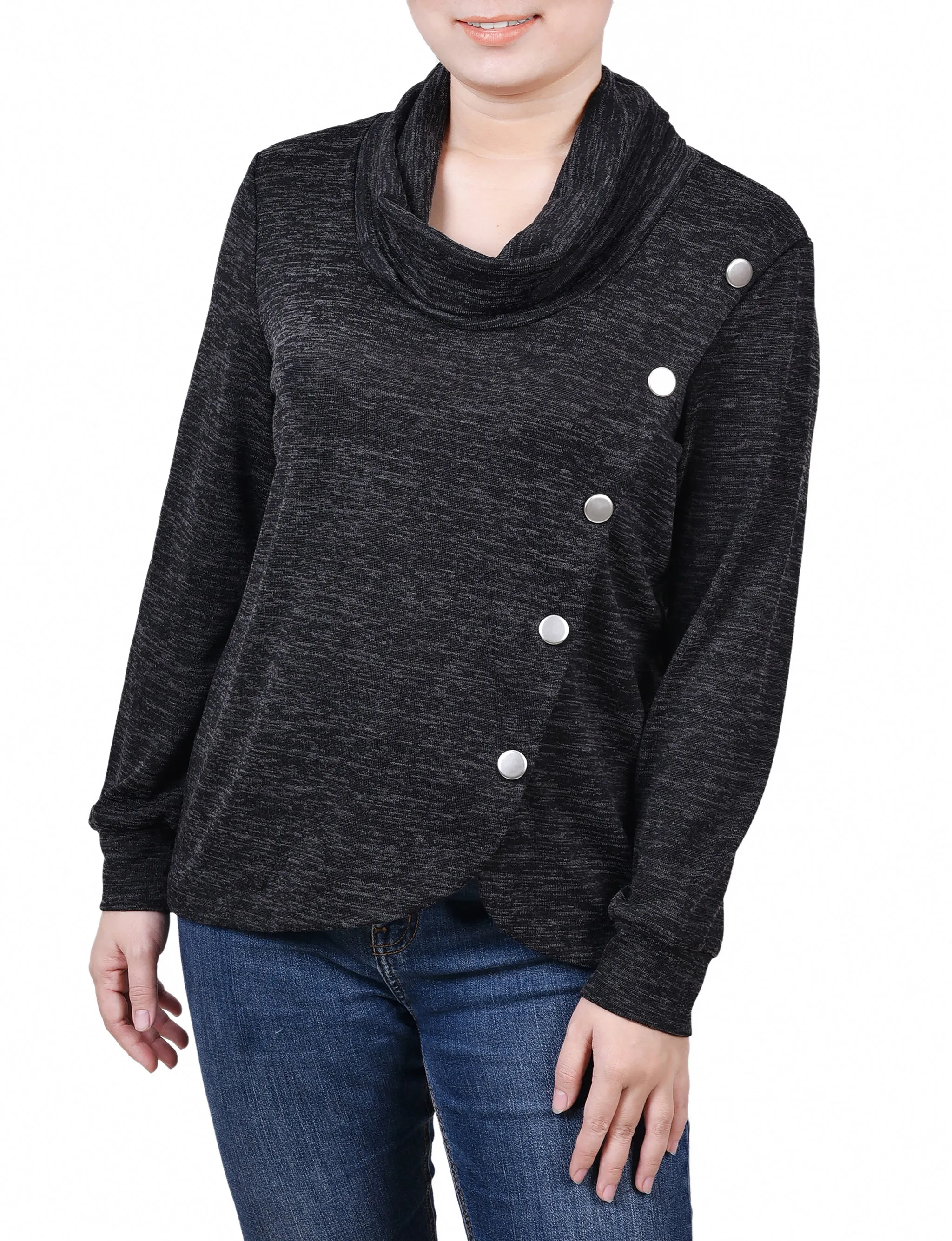 Relaxed Design StainResistantFinish Long Sleeve Overlapping Cowl Neck Top