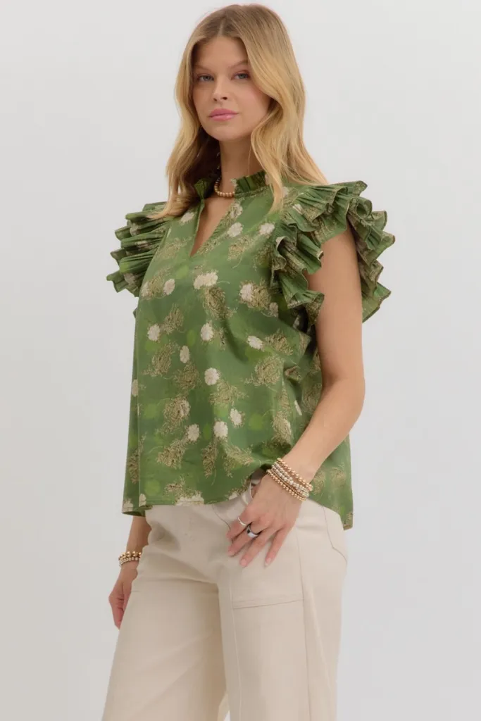 Emerald Ruffle Flutter Sleeve Top NonChafingTrim