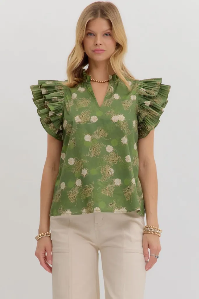 Emerald Ruffle Flutter Sleeve Top ComfortStretch Shape Retention Fabric