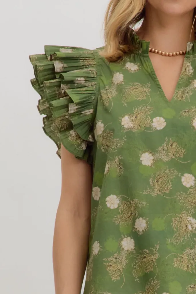 Summer Sweater Soft Hoodie Emerald Ruffle Flutter Sleeve Top