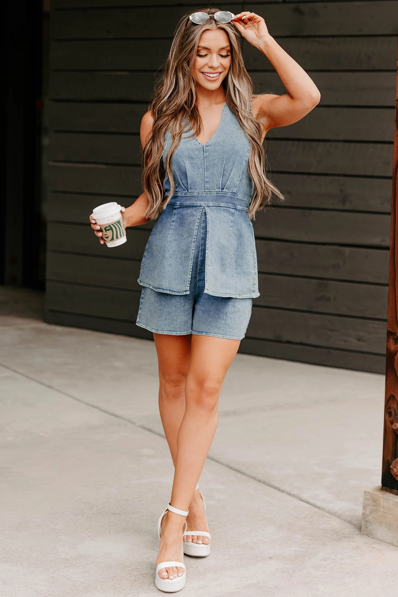 Water Repellent Finish Drama In Denim Sleeveless Romper (Denim)