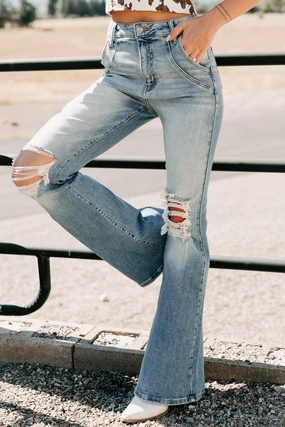 Laurie High Rise Flare Leg Cello Jeans (Medium) CrossBackDesign DualLayer Weave