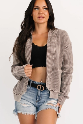 Odor Resistant Treatment MidweightKnit Dream Wear Zenana Washed Knit Cardigan (Mocha)