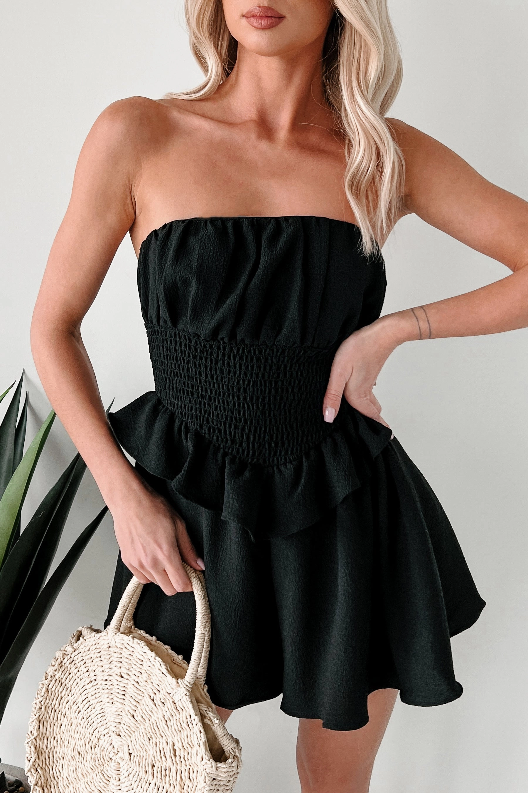 budget-friendly Dreams In The Garden Strapless Romper (Black)